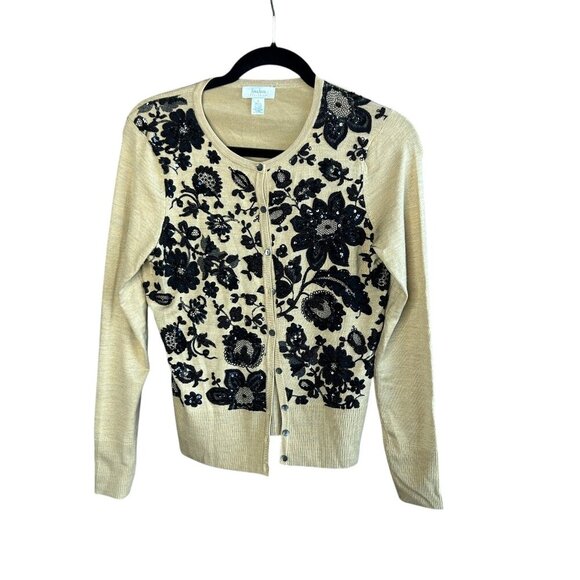 Neiman Marcus Tan with Black Beaded Lace Silk Blend Cardigan Sweater Size Small - Picture 1 of 11